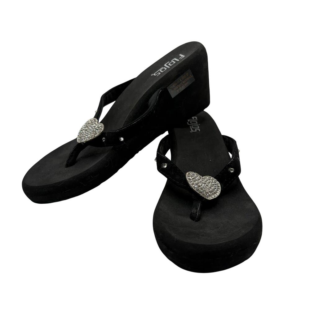 Flojos Olivia Wedge Sandals Flip Flops Black Heart SZ 6 Rhinestone Embellished